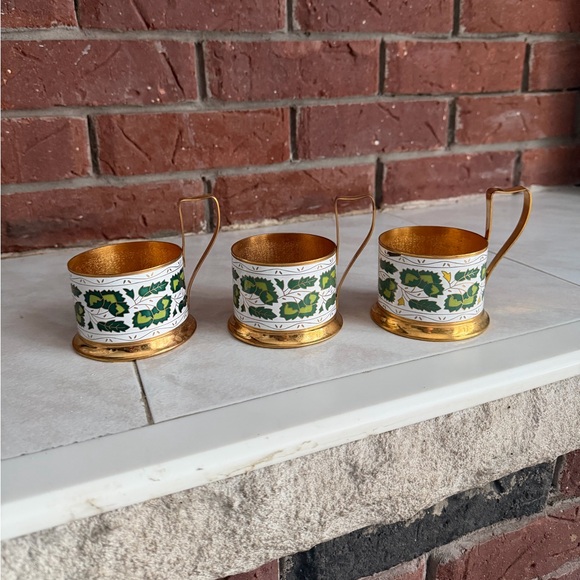 Vintage Brass Cup Holders Set of 3 Enamel Green Floral Tea Coffee